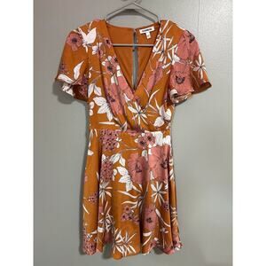 Express Orange Floral Fit & Flare Dress V-Neck Short Sleeve Size 0